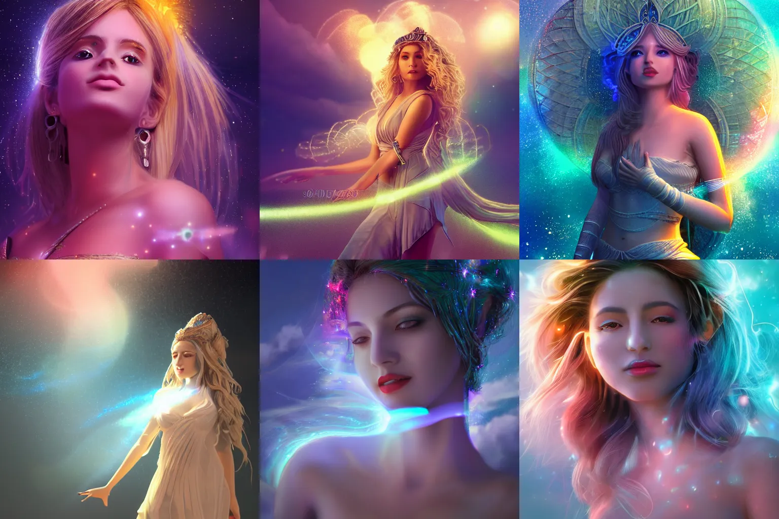 Prompt: a beautiful female goddess of the lights character, character is in all its glory, character is in her natural relaxed pose, rim lights, particles and dust in the air, fancy clouds, highly detailed professional photo, dynamic lights, particles are flying, depth of field, trending on artstation, professional illustration, hyper realistic, vray caustics, super detailed, colorful accents, cinematic shot