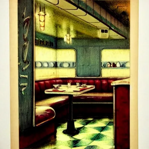 Image similar to ( ( ( ( ( 1 9 5 0 s diner interior. muted colors. ) ) ) ) ) by jean - baptiste monge!!!!!!!!!!!!!!!!!!!!!!!!!!!!!!