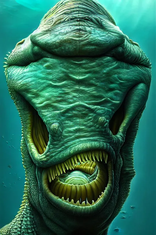 Image similar to hyperrealistic close-up surrealism underwater creature monster!! highly detailed concept art eric zener elson peter cinematic hard green lighting high angle hd 8k sharp shallow depth of field, inspired by David Paul Cronenberg and Zdzisław Beksiński