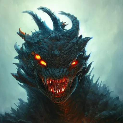 Image similar to oil painting of dragon forest, dnd character, fantasy, realistic textured skin, balrog head, glowing eyes, sharp focus, artgem, boris valejo, frank frazetta, heavy metal style, trending on artstation, digital painting, julie bell, beautiful, very detailed,
