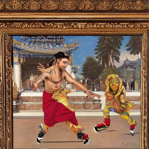 Prompt: orientalist painting of 6ix9ine skating outside of a majestic temple, 8k, very intricate, very detailed,