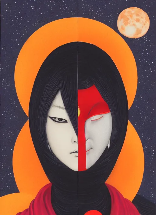 Image similar to portrait of a woman with a mask on his face in the form of a spiral in a golden kimono, full face, against the background of a bright red moon, sad motif, by hisashi eguchi, kentaro miura, and yoshitaka amano, soft colors, futuristic, 8 k