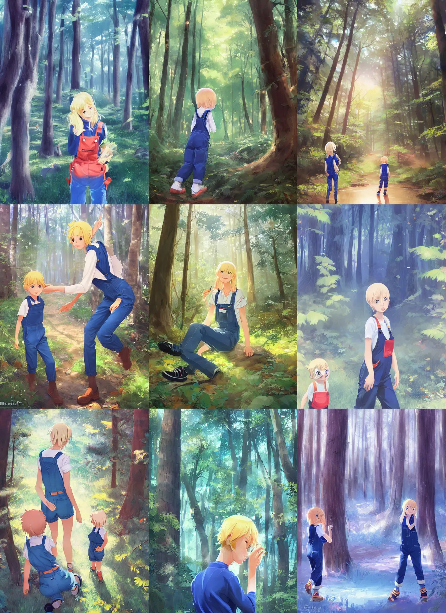 Prompt: 1 blond mum wearing blue overalls they are in a forest, coherent, by makoto shinkai, rossdraws, james jean trending on artstation, digital art, realistic.