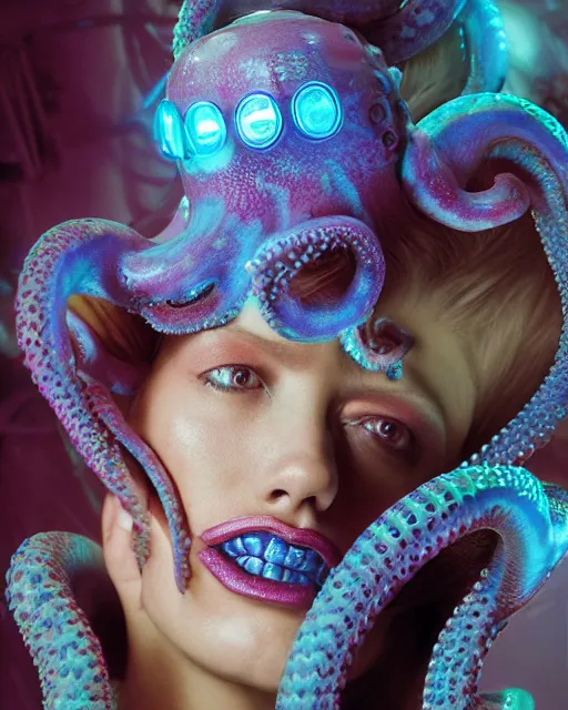 Prompt: natural light, soft focus portrait of a cyberpunk anthropomorphic octopus with soft synthetic pink skin, blue bioluminescent plastics, smooth shiny metal, elaborate ornate head piece, piercings, skin textures, by annie leibovitz, paul lehr