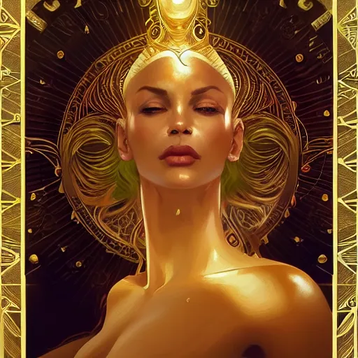 Image similar to Sandman with a gold suit, portrait, intricate, elegant, highly detailed, digital painting, artstation, concept art, smooth, sharp focus, illustration, art by artgerm and greg rutkowski and alphonse mucha