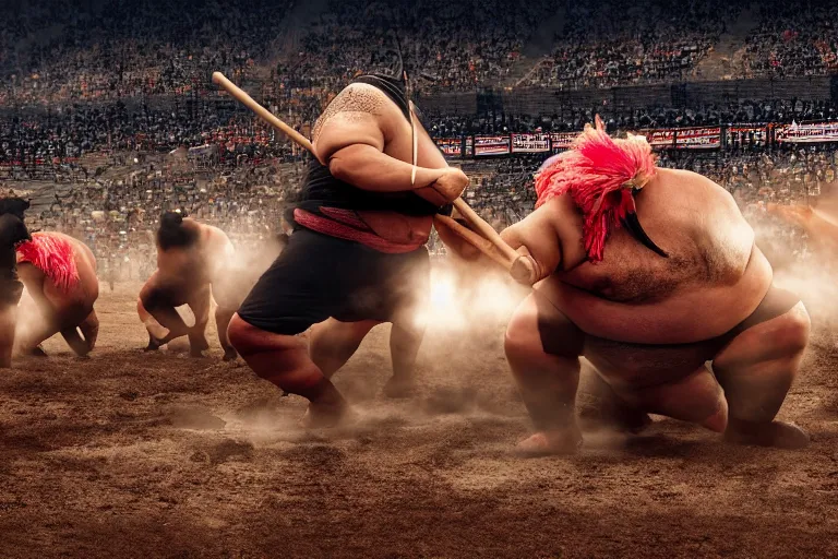 Image similar to Konishiki attempts to become the ox king by using a large, black, spiked kanabo. Background, a baseball stadium that is filled with people in the stands. The sun is coming down as the stadium lights shine on the field. Realistic Fantasy Render. 4K HD. Unreal Engine.