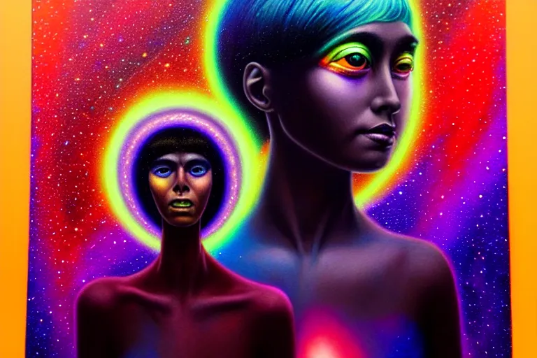 Image similar to patron saint of 🛸🌈👩🏾, futuristic iridescent clothing, wormhole, nebula, black hole, multiverse, neon god of city character portrait, in the style of margaret keane, moebius, tom bagshaw, and waterhouse, cinematic lighting, beautiful, elegant, oil painting,