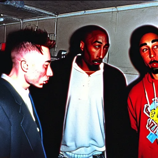 Prompt: old disposable camera picture with tupac shakur and elon musk smoking in soviet union, very detailed, award winning professional photography