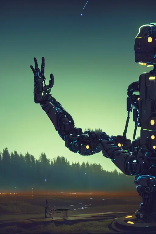 Prompt: Humans waving, cyborg in the far distance, the end, ultra hd, Painting By Simon Stalenhag, unreal 5, DAZ, sunset, hyperrealistic, octane render, dynamic lighting, intricate detail, summer vibrancy, cinematic