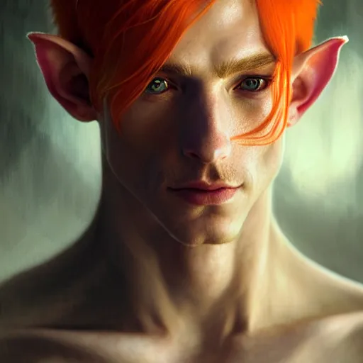 Prompt: portrait painting of an elven eladrin beautiful man with light orange hair and freckles and thin branches tattooed on his cheekbone, ultra realistic, concept art, intricate details, eerie, highly detailed, photorealistic, octane render, 8 k, unreal engine. art by artgerm and greg rutkowski and charlie bowater and magali villeneuve and alphonse mucha