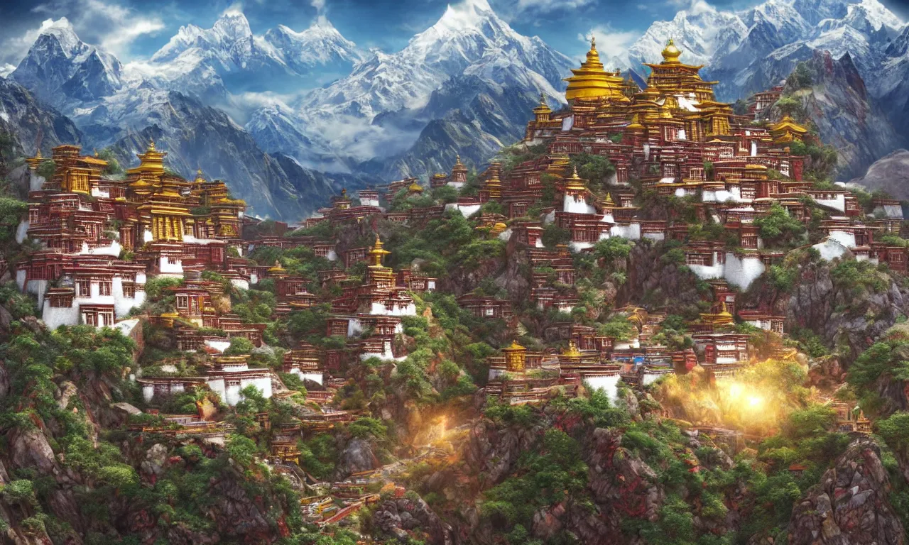 Image similar to Breathtaking Tibetan monastery, snowcapped mountains,mvivid colors, high details, cinematic, 8k resolution, beautiful detailed, photorealistic, digital painting, artstation, concept art, smooth, sharp focus, illustration, fantasy background, artstation trending, octane render, unreal engine