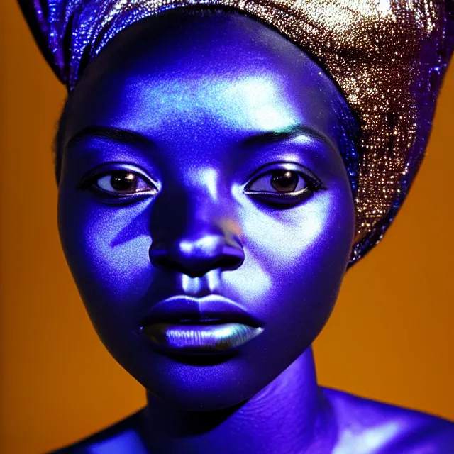 Image similar to portrait of iridescent metalic face, african woman, mercury, smooth reflections, proud looking away, outdoor, blue sky, 8 k, realistic, depth of field, highly detailed, award winning photography, by richard mosse