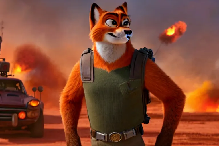 Image similar to nick wilde ( from zootopia ), heavily armed and armored facing down armageddon in a dark and gritty reboot from the makers of mad max : fury road