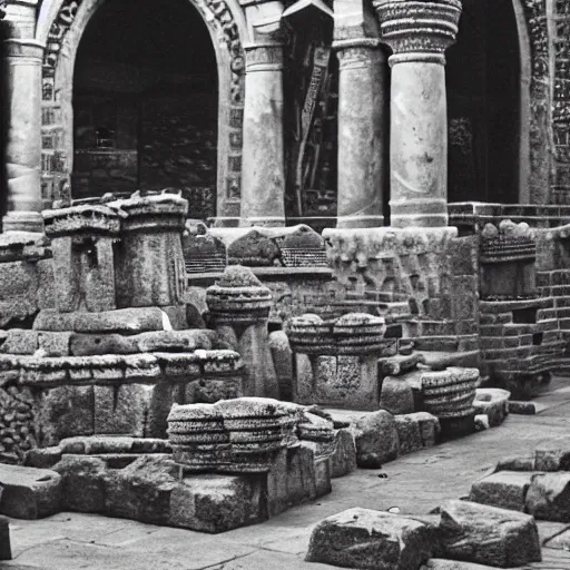 Image similar to photograph of the well preserved ruins of a medieval abyssinian city market made out of ornate carved granite blocks. 3 5 mm color film photograph