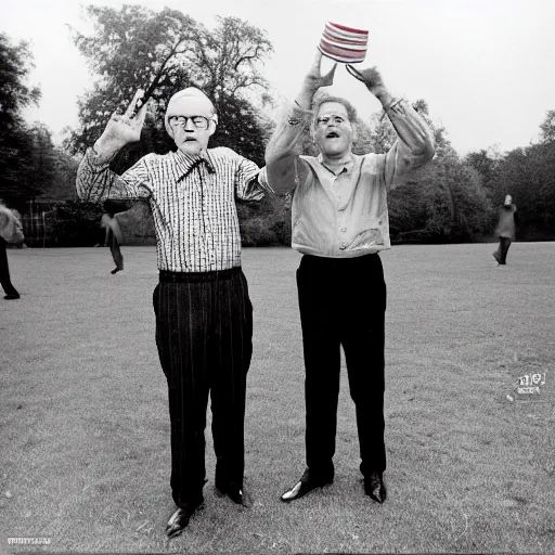 Prompt: gilbert and george playing with frisbees, in the park, where's wally