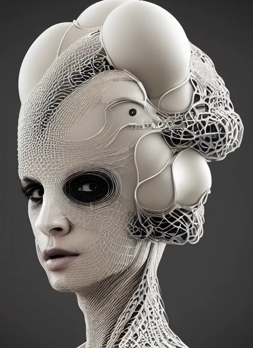 Prompt: complex 3 d render hyper detailed ultra sharp futuristic beautiful biomechanical humanoid woman with porcelain ivory face, medium shot portrait, close - up, filigree lace, iris van herpen cyberpunk haute couture colorful headdress with rhizomorph finials spires, brackets, fractal embroidered puffballs, octane render, 8 k