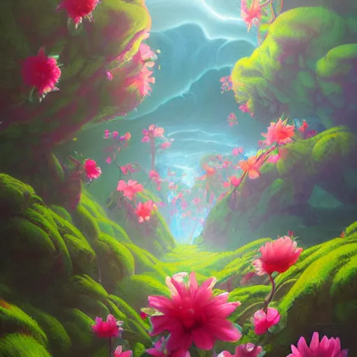 Prompt: retro painting of surreal waiizi flowers, by Ross Tran, highly detailed, hyperrealism, excellent composition, cinematic concept art, dramatic lighting, trending on ArtStation