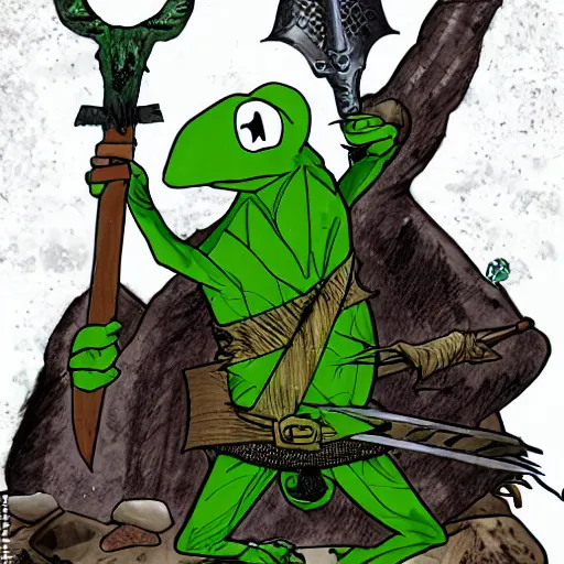 Prompt: kermit the frog as a barbarian warlord, sword and sorcery art