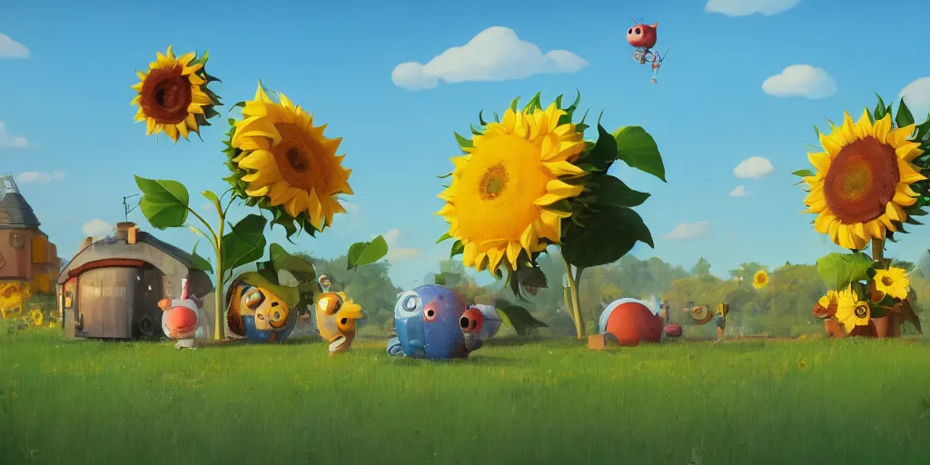 Image similar to Cute cartoon characters and sunflowers by Goro Fujita and Simon Stalenhag , 8k, trending on artstation, hyper detailed, cinematic