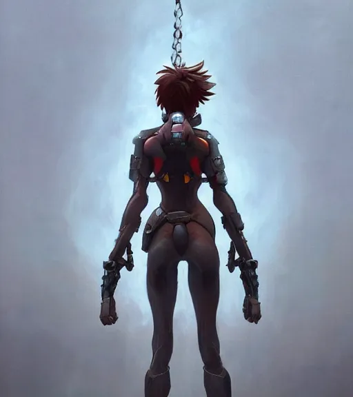 Image similar to full figure, painting of tracer from overwatch, in style of zdzisław beksinski, horror, 4 k, feminine facial features, full armor, full armor, detailed face, tall, dark ropes and chains in background