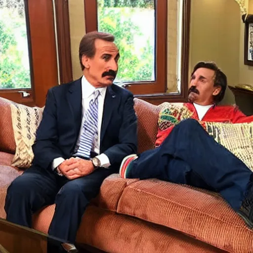 Image similar to mike lindell sitting next to hunter biden on dingy couch in a crackhouse smoking crack