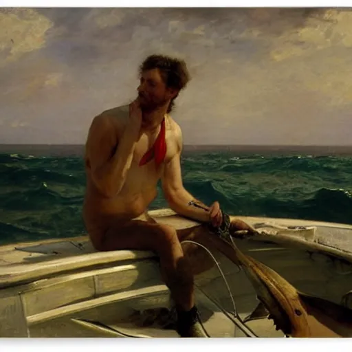 Prompt: a sailor spotting the tip of a shark’s fin over the side of the boat. By Ilya Repin and Geoffroy Thoorens.