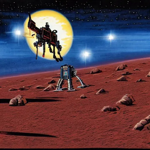 Prompt: Robot horse with a laser cannon landing on Mars, painted by Larry Elmore