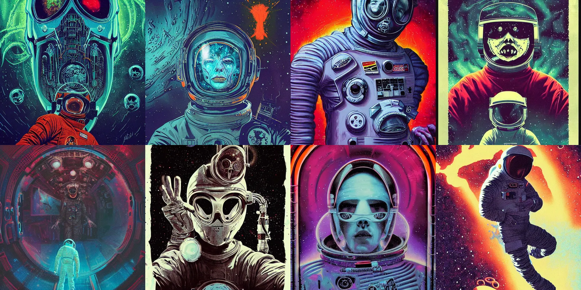 Image similar to astronaut, horror poster 9 0 s, cosmic horror, abstract, ghostly, arcade, duotone, poltergeist, lets get weird, intricate, elegant, highly detailed, digital painting, artstation, smooth, sharp focus, art by mondo, julian del rey and greg rutkowski, david la chapelle, ultraviolet colors,