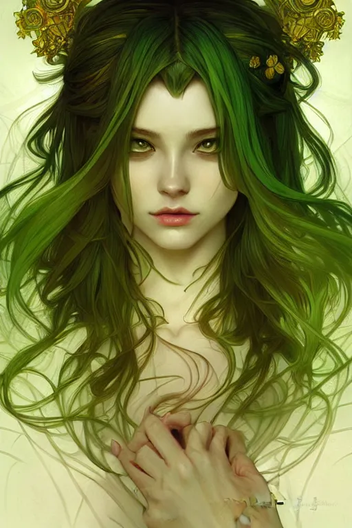 Prompt: greenyellowwhite, dark fantasy, intricate, elegant, highly detailed, digital painting, artstation, concept art, matte, sharp focus, illustration, art by artgerm and alphonse mucha