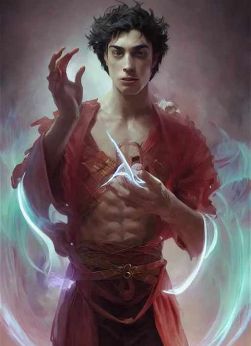 Image similar to character concept portrait of an attractive young Spanish wizard with red skin conjuring a laser spell, a floating iridescent spell book in the center, intricate, elegant, digital painting, concept art, smooth, sharp focus, illustration, from Metal Gear, by Ruan Jia and Mandy Jurgens and William-Adolphe Bouguereau, Artgerm