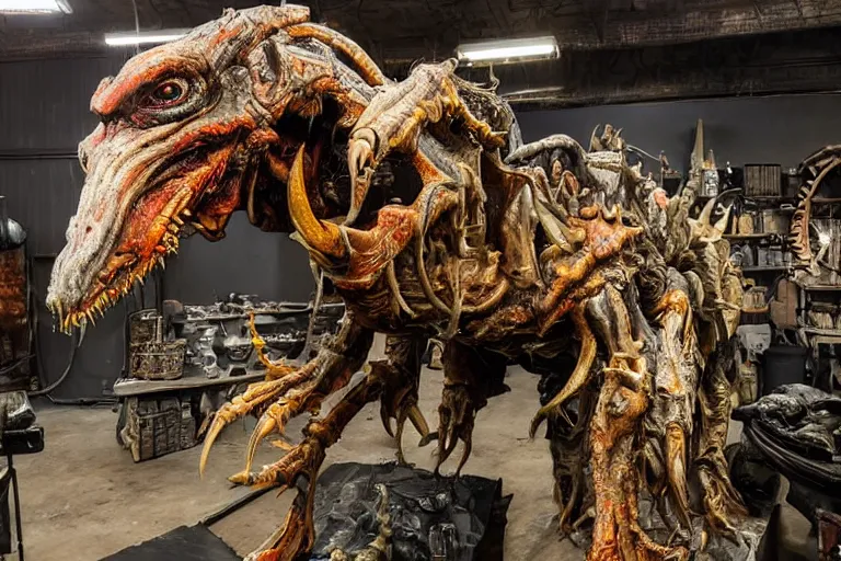 Image similar to photo taken of an epic intricate, ultra detailed, super realistic gritty, hero prop, exquisitely painted animatronic movie prop of a nightmarish hellish creature displayed in the workshop, created by weta workshop, full body shot, photorealistic, sharp focus