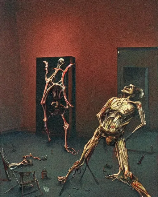 Prompt: realistic detailed image of a ribcage and a crying man holding a hammer in style of Francis Bacon and Willem de kooning, interior room, messy living room. Still from 1982 movie The Thing. Beksiński Masterpiece