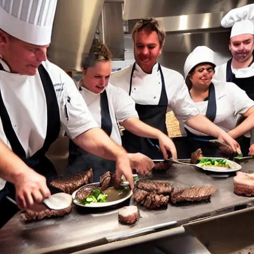 Prompt: a group of chef mice cooking steak, working together