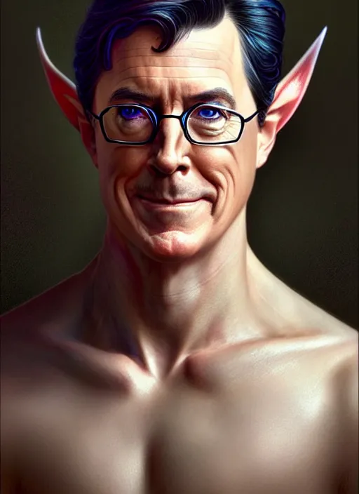 Image similar to portrait of stephen colbert as an elf, long hair, d & d, muscular! fantasy, intricate, robes, elegant, highly detailed, digital painting, artstation, concept art, smooth, sharp focus, illustration, art by artgerm and greg rutkowski and alphonse mucha