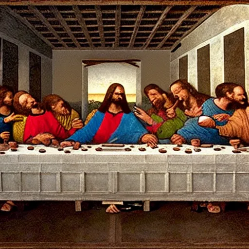 Prompt: an American comic book panel of The Last Supper by Leonardo da Vinci