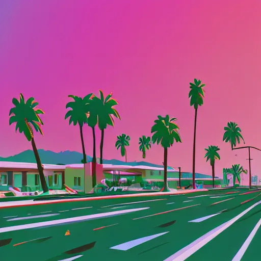 Image similar to a beautiful illustration of palm springs by James gilleard, artstation HD, geometric lines, HD, 4k, 8k