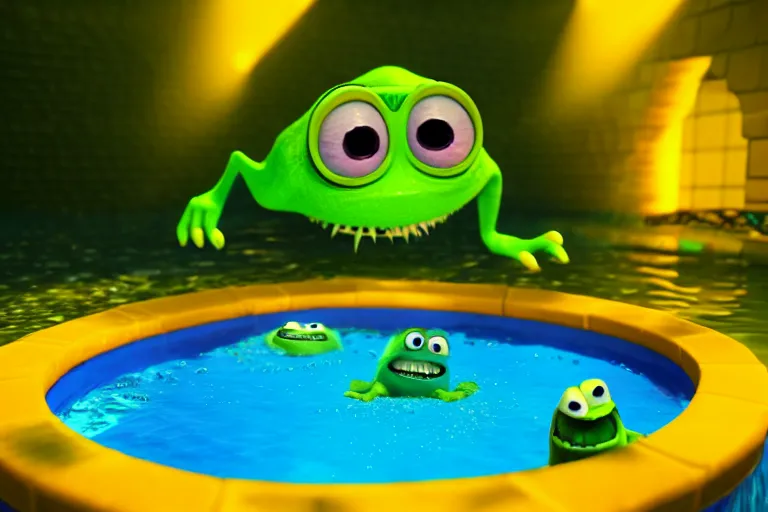 Prompt: diorama of mike wazowski swimming in a giant pool of gatorade, setting is bliss wallpaper, realistic, 4 k, detailed, atmospheric, cinematic lighting, octane render, unreal engine render, ray tracing lighting