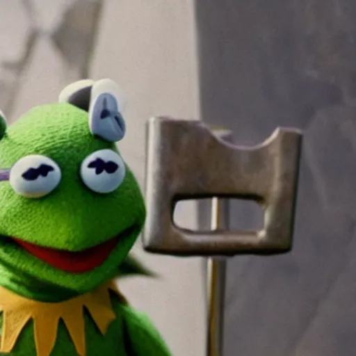 Image similar to photo of Kermit the frog as thor holding mjolnir in averngers movie