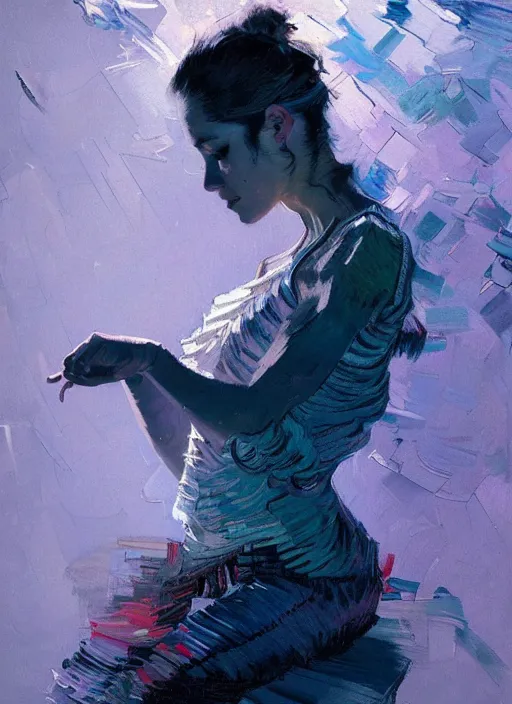 Image similar to portrait of beautiful girl, ecstatic, dancing, eyes closed, shades of blue and grey, beautiful face, rule of thirds, intricate outfit, spotlight, by greg rutkowski, by jeremy mann, by francoise nielly, by van gogh, digital painting