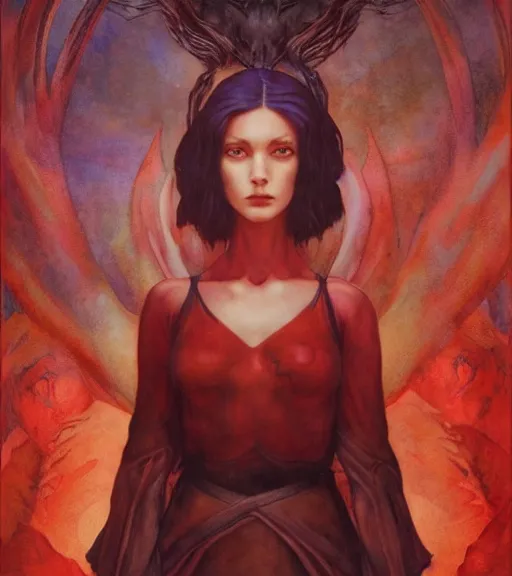 Prompt: red nightmare of the maiden in the fortress of lies, by annie swynnerton and tino rodriguez and charlie bowater and tom bagshaw and nicholas roerich and jean delville and evelyn de morgan and lucien freud, dramatic lighting, floral tattoos, rich colors, smooth sharp focus, anime key visual, extremely detailed, adolf wolfli