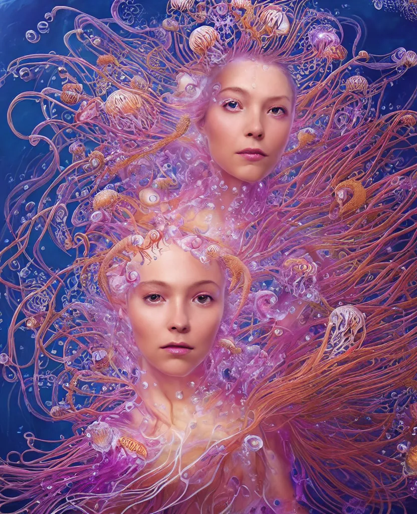 Image similar to close-up portrait of the face of a beautiful princess, surrounded by intricate twisted flowers orchid jellyfish and energy flow, water and plasma flow splashes, epic angle and pose, symmetrical artwork, 3d with depth of field, blurred background, floating jellyfish skull phoenix bird, translucent, nautilus, energy flows of water and fire. a highly detailed epic cinematic concept art CG render. made in Maya, Blender and Photoshop, octane render, excellent composition, cinematic dystopian brutalist atmosphere, dynamic dramatic cinematic lighting, aesthetic, very inspirational, arthouse. y Greg Rutkowski, Ilya Kuvshinov, WLOP, Stanley Artgerm Lau, Ruan Jia and Fenghua Zhong