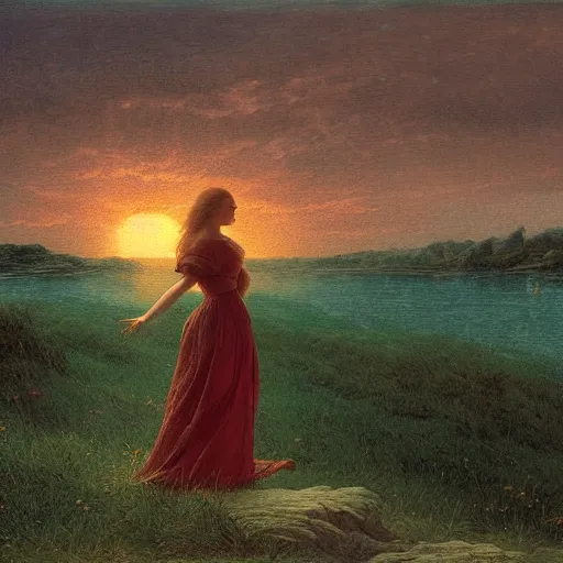 Image similar to young beautiful woman by the lake, hair waving in the wind, sunset, high detail, dramatic light, digital art, chiaroscuro, dark, painted by caspar david friedrich