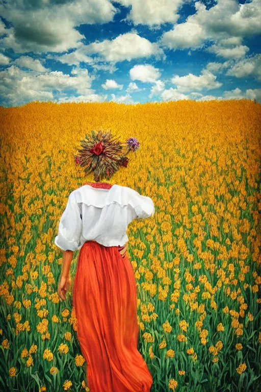 Image similar to giant corn flower head, girl walking in a flower field, surreal photography, dead body, dramatic light, impressionist painting, colorful clouds, digital painting, walter white, uncanny valley