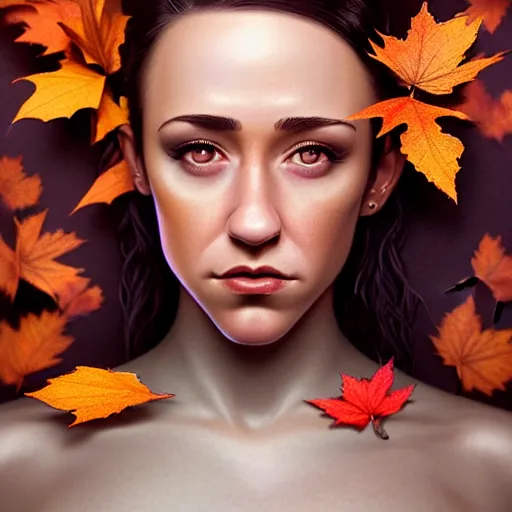 Image similar to gorgeous female stella maeve magician, realistic character concept, overhead shot, drone shot, elegant pose, spooky, illustration, symmetrical face and body, cinematic lighting, detailed realistic symmetrical eyes, 8 k, joshua middleton, artgerm, tom bagshaw, single face, insanely detailed and intricate elegant, autumn leaves