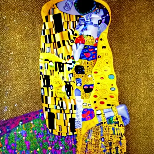 Prompt: A detailed picture of a couple kissing, mosaic, yellow and gold color scheme, by Gustav Klimt