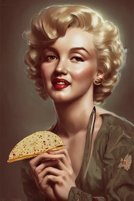 Image similar to beautiful cottagecore Marylin Monroe holding a taco. intricate, elegant. highly detailed, digital painting, artstation, concept art, smooth, sharp, focus, illustration. . art by artgerm and greg rutkowski and alphonse mucha