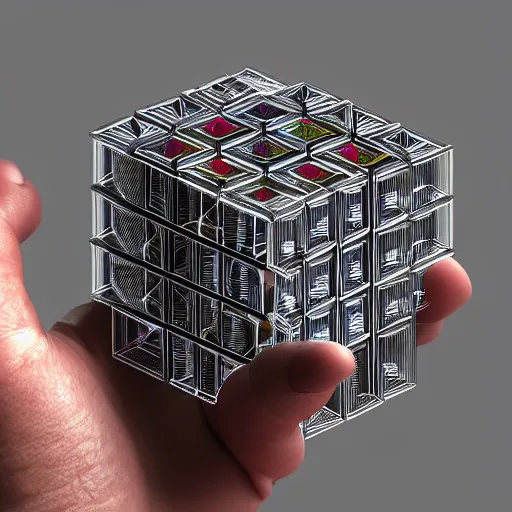 Prompt: a person's hand holding a 3 d model of a bismuth crystal, a computer rendering by erno rubik, featured on polycount, holography, quantum wavetracing, ray tracing, circuitry