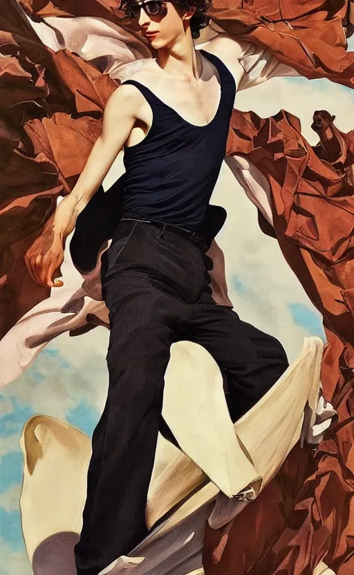 Prompt: Timothee Chalamet, the most beautiful androgynous man in the world, intense painting, sunny day at beach, tropical island, +++ super supper supper dynamic pose,  digital art, +++ quality j.c. leyendecker, limited edition, shiny