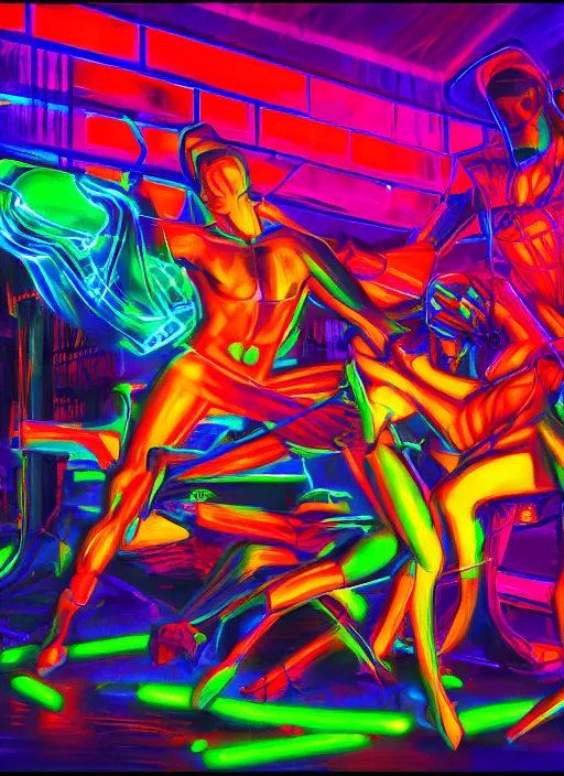 Image similar to A surreal neon painting of dalle2 fighting stable diffusion, 3d, realistic shading, complimentary colors, vivid neon colors, aesthetically pleasing composition, masterpiece, 4k, 8k, ultra realistic, super realistic,