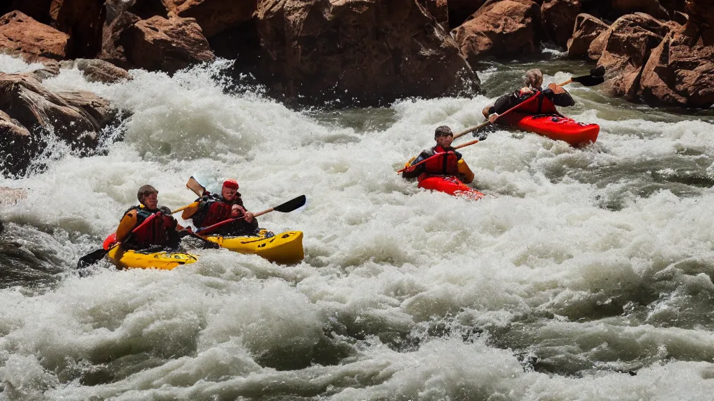 Image similar to a pair of kayakers shoot the rapids in the Colorado river, crashing waves, 35mm DSLR, photorealistic, 4k